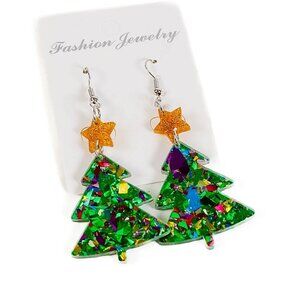 Multicolor Glitter Christmas Tree Dangle Drop Earrings